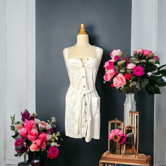 THEORY NWT SALINA DRESS WHITE CRUNCH STRETCH LINEN BELTED BUTTON TANK DR… - Picture 2 of 12